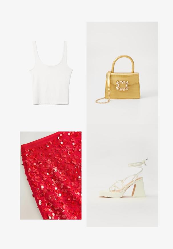 Hvid bomulds tanktop med en rundet halsudskæring, uden ærmer og en tætsiddende pasform. Glat tekstur, ensartet design og minimale syninger.; Rød stof dækket af skinnende røde pailletter formet som blomster, med varierende størrelser og teksturer, der skaber et lagdelt, tekstureret udseende.; Hvide højhælede sandaler med en kraftig hæl, der har et stropdesign og ankelbinding. Glat tekstur med en platform foran for ekstra højde.; Gul faux-krokodille skuldertaske med struktureret design, top-håndtag, aftagelig kædetraske og dekorativ krystaldekoration på låsen.