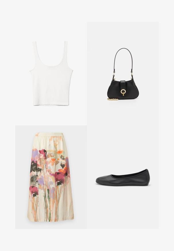 Bílý bavlněný top bez rukávů s kulatým výstřihem a přiléhavým střihem. Hladká textilie, jednoduchý design a minimální švy.; Sukně s květinovým potiskem na krémovém pozadí; obsahuje barevné, abstraktní květinové vzory v růžové, fialové a oranžové barvě; elastický pas.; Černé kožené baletní byty s kulatou špičkou, hladkou texturou, minimálními švy a flexibilním designem podrážky.; sandro JANET - Kabelka - noir