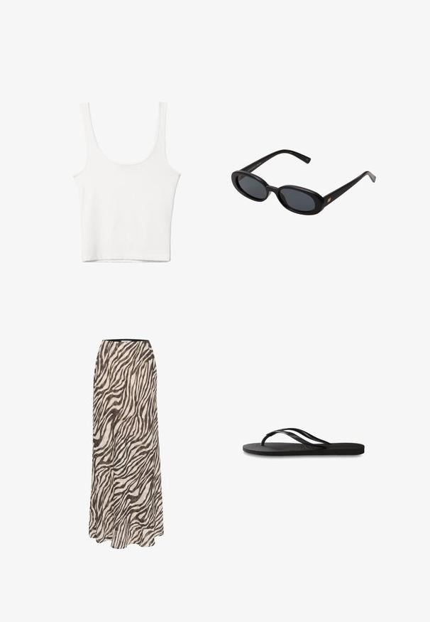 Bílý bavlněný top bez rukávů s kulatým výstřihem a přiléhavým střihem. Hladká textilie, jednoduchý design a minimální švy.; Gestuz ZOFIA SKIRT - Maxi sukně - black/white; Černé žabky s texturovanou gumovou podrážkou, dvěma štíhlými popruhy a jemným, embosovaným logem na popruhu.; Černé oversized sluneční brýle s oválnými čočkami, hladkým plastovým rámem a zlatými akcenty na spáncích. Tmavé čočky poskytují ochranu před sluncem.; Hnědá textilní taška přes rameno s širokým, zaobleným tvarem a velkým výřezem na rukojeť. Měkká textura, minimalistický design a žádné viditelné kovové prvky.