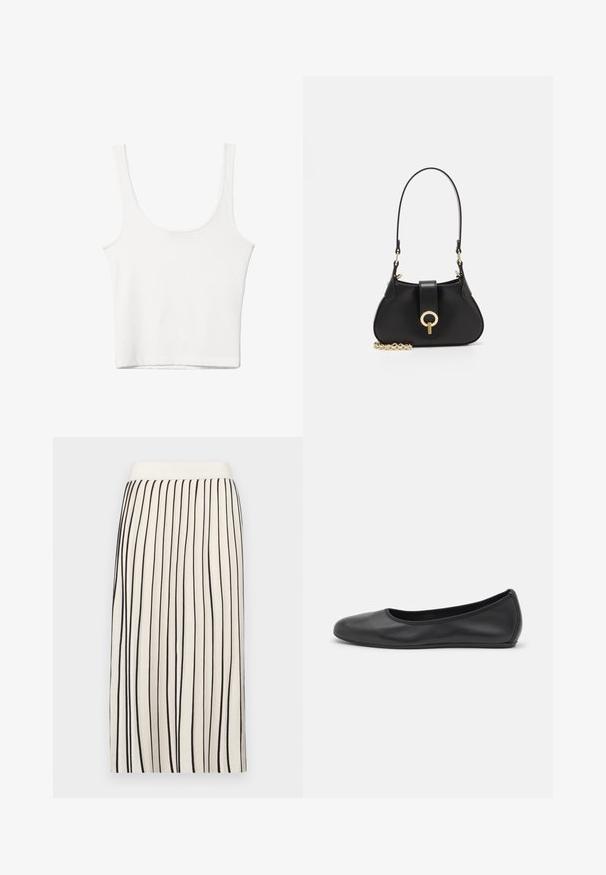 White cotton tank top with a scooped neckline, no sleeves, and a fitted shape. Smooth texture, plain design, and minimal stitching details.; Cream-colored skirt with vertical black stripes, featuring a straight design and elastic waistband. Smooth texture, knee-length cut.; Black leather ballet flat with a rounded toe, smooth texture, minimal stitching detail, and a flexible sole design.; sandro JANET - Handbag - noir