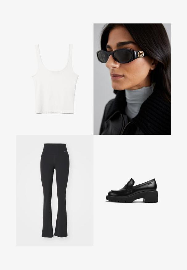 Bijela pamučna majica bez rukava s izrezom u obliku slova U, tijesnog kroja. Glatka tekstura, jednostavan dizajn i minimalni detalji šivanja.; Crne tajice za jogu s visokim strukom, izrađene od rastezljive tkanine. Imaju široki kroj i mali Nike logo na struku.; Crna kožna loaferica s debelim potplatom i chunky petom, s trakom preko gornjeg dijela, prikazana sa strane na bijeloj pozadini.; Crne sunčane naočale sa elegantnim pravokutnim okvirom i zlatnim logotipom na strani. Tamna stakla i sjajni finiš su istaknuti.
