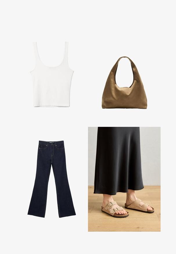 Biały bawełniany top na ramiączkach z okrągłym dekoltem, bez rękawów, o dopasowanym kroju. Gładka tekstura, prosty fason i minimalne detale szwowe.; Ciemnoniebieskie dżinsy w stylu dzwonów z klasycznym pięcioma kieszeniami i widocznym szwem. Tkanina ma gładką fakturę z minimalnym wyblaknięciem.; Jasno brązowe zamszowe sandały z dwiema regulowanymi klamrami, korkową wkładką i gumową podeszwą, zestawione z czarną spódnicą do ziemi.; Brązowa torba na ramię z szerokim, zaokrąglonym kształtem i dużym wyciętym uchwytem. Miękka tekstura, minimalistyczny design i brak widocznych elementów metalowych.