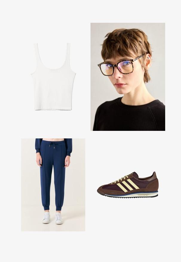 Weißes Baumwoll-Top mit Rundhalsausschnitt, ohne Ärmel und figurbetontem Schnitt. Glatte Textur, schlichtes Design und minimale Nähdetails.; Jimmy Key HIGH WAIST JOGGER - Jogginghose - dark blue; Braune und burgunderfarbene Sneaker aus Wildleder und Mesh-Materialien, mit drei cremefarbenen Streifen, strukturiertem Stoff an der Zunge und einer Gummisohle.; Schildpattbrille mit großen rechteckigen Fassungen, ausgestattet mit reflektierenden Gläsern und dünnen Bügeln, vor einem neutralen Hintergrund getragen.; Braune Kunstleder-Schultertasche mit geschwungener Form, minimaler Naht und goldfarbener Hardware-Akzent. Verfügt über einen oberen Reißverschluss und einen verstellbaren Trageriemen.