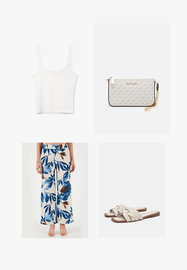 Bílý bavlněný top bez rukávů s kulatým výstřihem a přiléhavým střihem. Hladká textilie, jednoduchý design a minimální švy.; Bílé kalhoty s širokými nohavicemi zdobené modrými a hnědými listovými vzory, vyrobené z texturovaného materiálu a s elastickým pasem.; Světle béžové skluzné sandály s pletenými popruhy, s plochou podešví a minimalistickým designem. Hladký povrch s jemnými barevnými kontrastními akcenty.; Kabelka na zápěstí Michael Kors v béžové potažené plátno s opakujícím se vzorem loga MK, zlatými kovovými doplňky a odnímatelným řetízkovým popruhem.