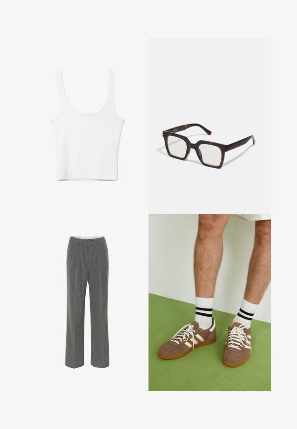 Vit bomullstopp med rundad halsringning, utan ärmar och en åtsittande form. Slät textur, enkel design och minimala sömnadsdetaljer.; Grå kostymbyxor med en skräddarsydd passform, slät front och design med vida ben. Tillverkade av ett mjukt, lätt tyg.; Bruna mockaskor med vita detaljer och snören. Gummisula i beige. Bärs med vita strumpor med svarta ränder. Grön strukturerad golvyta.; Fyrakantiga solglasögon med en inramning av sköldpaddsmönstrad acetat och klara linser. Har breda skalmar och en matt finish som förbättrar den övergripande hållbarheten.; Krämfärgad läderaxelväska med halvmåneform, tunn rem och subtila sömdetaljer. Minimalistisk design med detaljer i guldfärgad metall.