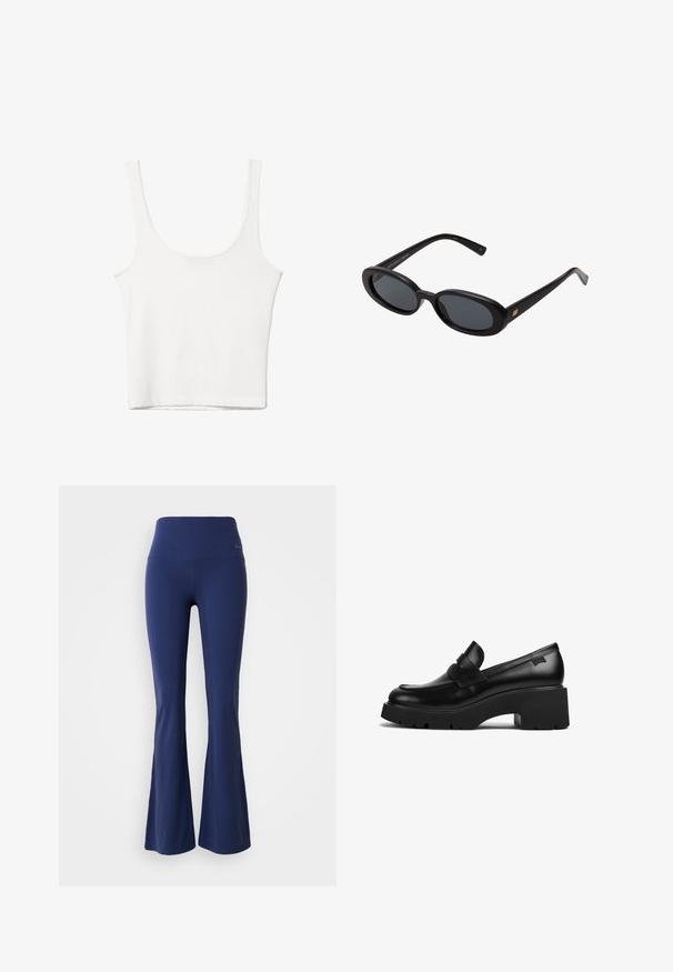 Biely bavlnený top bez rukávov s okrúhlym výstrihom a priliehavým strihom. Hladká textúra, jednoduchý dizajn a minimálne švy.; Námornícky modré legíny so zvonovým strihom a vysokým pásom, vyrobené z elastickej látky, s hladkou textúrou a jemným logom na pásiku.; Čierne kožené mokasíny s hrubým podpätkom a hrubou podrážkou, so strapcom na vrchu, zobrazené z boku na bielom pozadí.; Čierne oversized slnečné okuliare s oválnymi šošovkami, hladkým plastovým rámom a zlatými akcentmi na straniciach. Tmavé šošovky poskytujú ochranu pred slnkom.