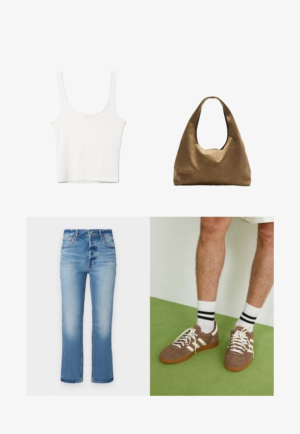 Top in cotone bianco senza maniche, con scollatura ampia e linea aderente. Tessuto liscio, design semplice e dettagli di cucitura minimi.; Jeans in denim blu chiaro con design a gamba dritta, caratterizzati da sbiadimenti vicino alle cosce, chiusura con bottone e classico stile a cinque tasche.; Sneaker in suede marrone con dettagli e lacci bianchi. Suola in gomma color gomma. Indossati con calzini bianchi con righe nere. Pavimento verde texturizzato.; Borsa a spalla in tessuto marrone con un corpo ampio e arrotondato e una grande maniglia a taglio. Texture morbida, design minimalista e senza hardware visibile.