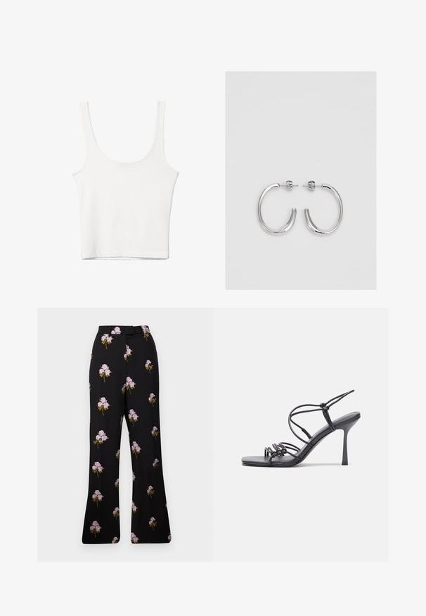 Top in cotone bianco senza maniche, con scollatura ampia e linea aderente. Tessuto liscio, design semplice e dettagli di cucitura minimi.; Pantaloni neri a fiori con ricami di fiori viola, design affusolato, gamba larga e dettaglio in vita. Tessuto morbido con una superficie liscia.; Sandali neri con tacco alto presentano sottili cinturini con design annodato, una punta quadrata liscia e un elegante tacco a spillo.; Orecchini a cerchio in argento con una finitura liscia e lucente. Forma arrotondata, design leggero, con chiusura a perno.