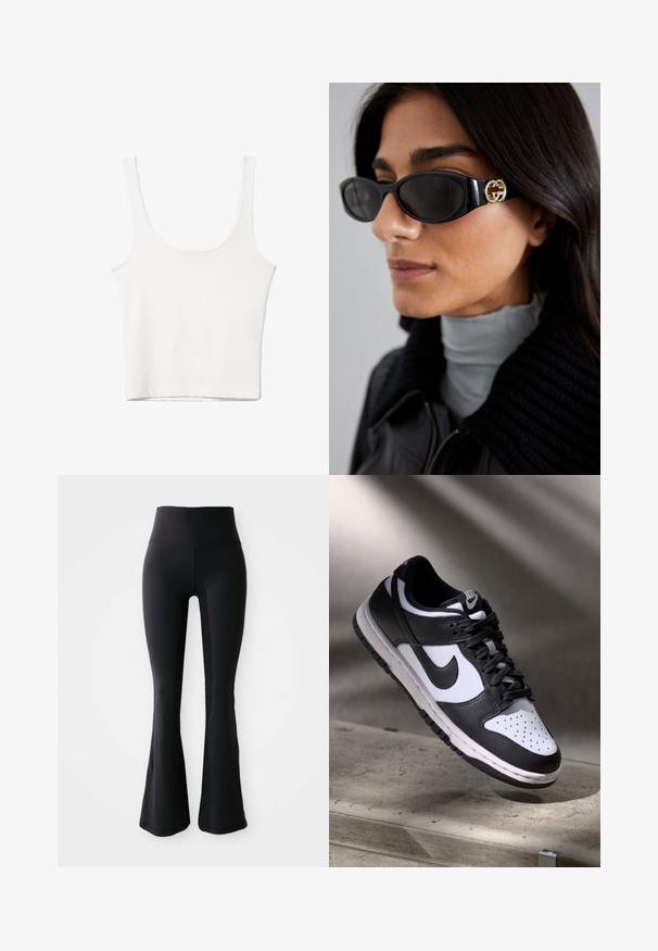 Bijela pamučna majica bez rukava s izrezom u obliku slova U, tijesnog kroja. Glatka tekstura, jednostavan dizajn i minimalni detalji šivanja.; Crne razvučene joga hlače od rastezljivog materijala s visokim strukom, s glatkom teksturom i bez vidljivih uzoraka ili detalja.; Crno-bijeli Nike Dunk Low tenisice s kožnim gornjištem, perforiranim prednjim dijelom, crnim vezicama, s bijelim đonom i logom.; Crne sunčane naočale sa elegantnim pravokutnim okvirom i zlatnim logotipom na strani. Tamna stakla i sjajni finiš su istaknuti.