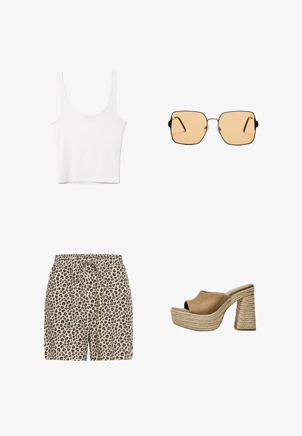 White cotton tank top with a scooped neckline, no sleeves, and a fitted shape. Smooth texture, plain design, and minimal stitching details.; Leopard print shorts in beige with black and brown spots. Features an elastic waistband with a drawstring for adjustment. Lightweight material.; Brown suede platform mules with an open toe, featuring a chunky braided jute heel and a smooth, rounded upper design.; Square sunglasses with brown lenses and a thin black metal frame. Features angled temples and adjustable nose pads for comfort.