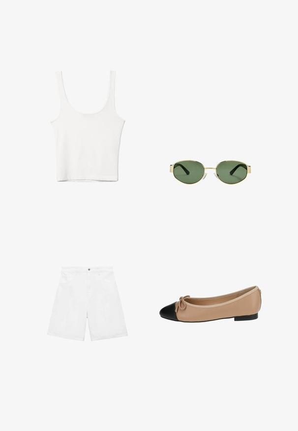 Bela bombažna majica brez rokavov s kroglasto izrezom in prilegajočim krojem. Gladka tekstura, enostavna zasnova in minimalne šivanske podrobnosti.; Beli denim kratke hlače s ravnim krojem, ki imajo dva sprednja žepa, zapenjanje na gumb in subtilne šive.; Balerinka iz bež usnja z črnim kapicom. Ima podrobnost z lokom spredaj in gladko teksturo. Nizka oblika z gumijastim podplatom.; Očala z zlatim kovinskim okvirjem, zelenimi lečami, ovalne oblike, črnimi uhani in prozornimi nosnimi blazinicami. Čist, minimalističen dizajn.; Brahna torba preko rame iz rjave tkanine s širokim, zaobljenim tijelom i velikim izrezanim ručkom. Meka tekstura, minimalistički dizajn i bez vidljivih metalnih dijelova.