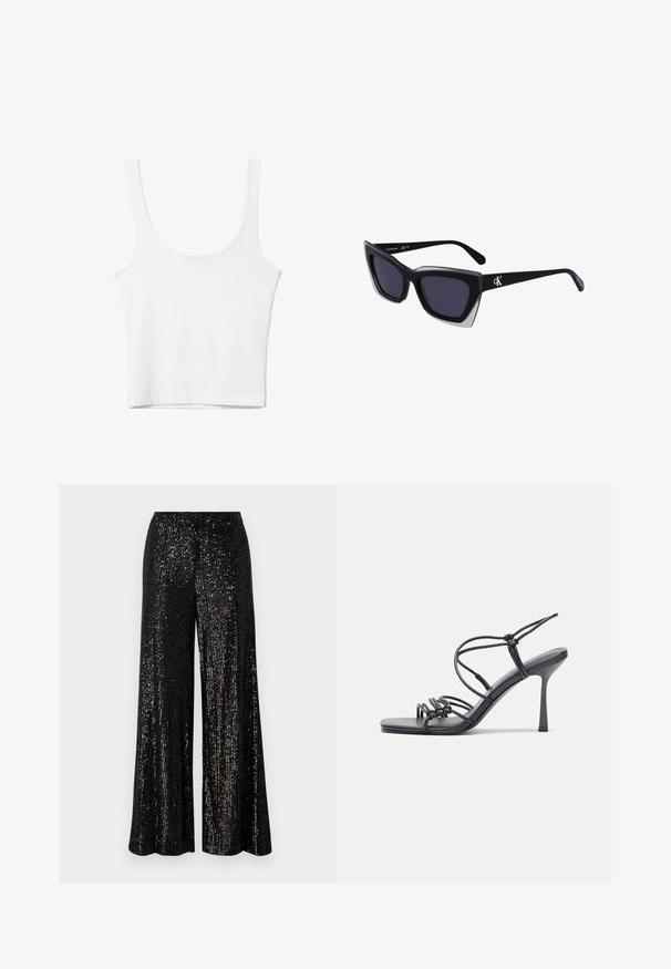 White cotton tank top with a scooped neckline, no sleeves, and a fitted shape. Smooth texture, plain design, and minimal stitching details.; Black, sequined, wide-leg pants with a loose fit and elastic waistband. The surface features a shiny, reflective texture with vertical stripes.; Black high-heeled sandals feature thin straps with a knotted design, a smooth square toe, and a sleek stiletto heel.; Black oversized sunglasses with a geometric shape, featuring dark lenses and a contrasting grey detail on the frame. Logo on the arm.; Silver metal earrings with a smooth, teardrop shape and a polished finish. Subtle engravings add detail. Minimalist design.