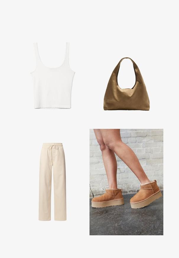 Valkoinen puuvillainen hihaton toppi, jossa on pyöristetty pääntie, ei hihoja ja vartalonmyötäinen muoto. Sileä pinta, yksinkertainen muotoilu ja vähäiset ompeluyksityiskohdat.; Beige puuvillashousut, joissa on joustava vyötärö ja narusolki. leveälahkeinen malli, pehmeä kangas ja ilman näkyviä kuvioita tai koristeita.; Ruske mokasine do gležnja od nubuk kože s mekim podstavom, debelim bež platformama i stražnjim držačem. Teksturirana površina s vidljivim detaljima šavova.; Ruskea kangaskassi, jossa on leveä, pyöristetty muoto ja suuri leikattu kahva. Pehmeä pinta, minimalistinen muotoilu ja ei näkyvää metalliosaa.