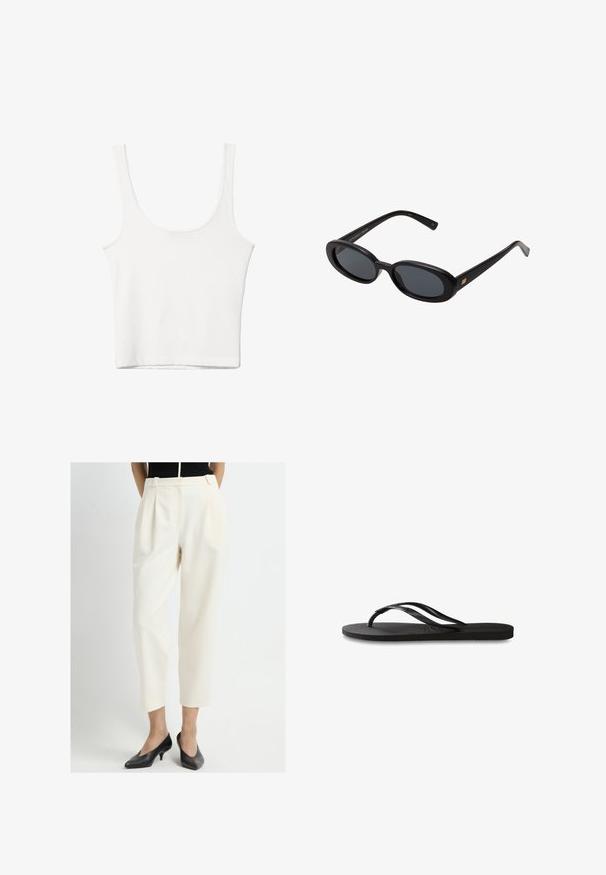 Weißes Baumwoll-Top mit Rundhalsausschnitt, ohne Ärmel und figurbetontem Schnitt. Glatte Textur, schlichtes Design und minimale Nähdetails.; Cremefarbene hochgeschnittene Hosen mit Falten, schmal zulaufenden Beinen und seitlichen Taschen, kombiniert mit schwarzen Schuhen mit niedrigem Absatz. Angenehme Textur.; Schwarze Flip-Flops mit einer strukturierten Gummisohle, zwei schlanken Riemen und einem dezenten, geprägten Logo-Detail auf dem Riemen.; Schwarze, oversized Sonnenbrillen mit ovalen Gläsern, glattem Kunststoffrahmen und goldenen Akzenten an den Bügeln. Die dunklen Gläser bieten Sonnenschutz.; Braune Stoffschultertasche mit einem breiten, runden Körper und einem großen Ausschnittgriff. Sanfte Textur, minimalistisches Design und keine sichtbaren Beschläge.
