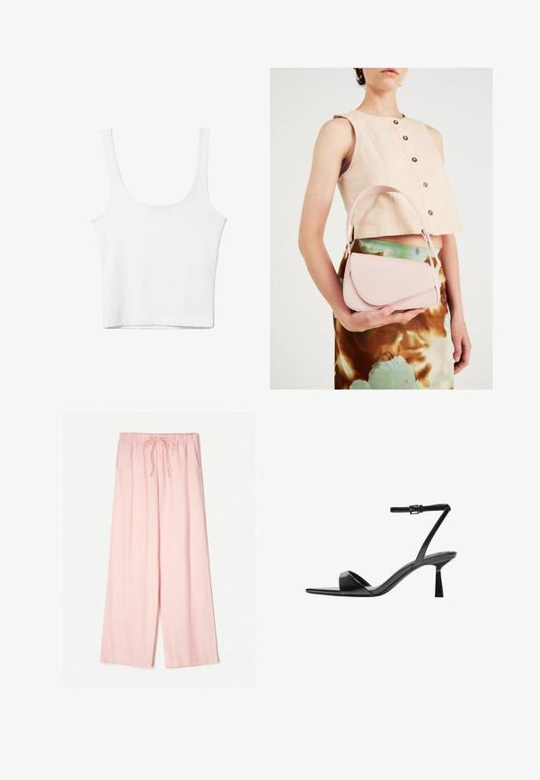 Bela bombažna majica brez rokavov s kroglasto izrezom in prilegajočim krojem. Gladka tekstura, enostavna zasnova in minimalne šivanske podrobnosti.; Svetlo roza hlače širokih nogavic z elastičnim pasom in nastavljivim vrvico. Narejene so iz gladkega materiala z sproščenim krojem.; Bershka Sandali z visoko peto - black; Roza usnjena torbica s ukrivljenim poklopcem, enim naramnim trakom in čistimi linijami. Torbica se ponaša z gladko teksturo in minimalističnim dizajnom.