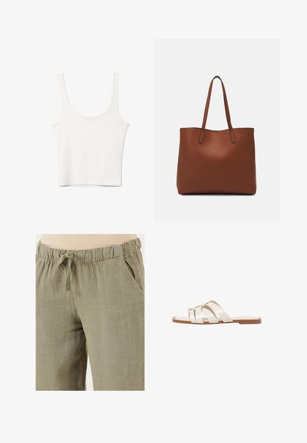 Hvid bomulds tanktop med en rundet halsudskæring, uden ærmer og en tætsiddende pasform. Glat tekstur, ensartet design og minimale syninger.; Lys olivengrønne linnedbukser med elastisk talje og snøre; har sidelommer og en afslappet pasform.; Flade sandaler med en lys gummisål, designet med tre overlappende hvide læderremme og en lille sløjfe detalje i midten.; Brun læder tote taske med en glat overflade, åben topdesign og to skulderremme. Har minimal syning og ingen synlig hardware.