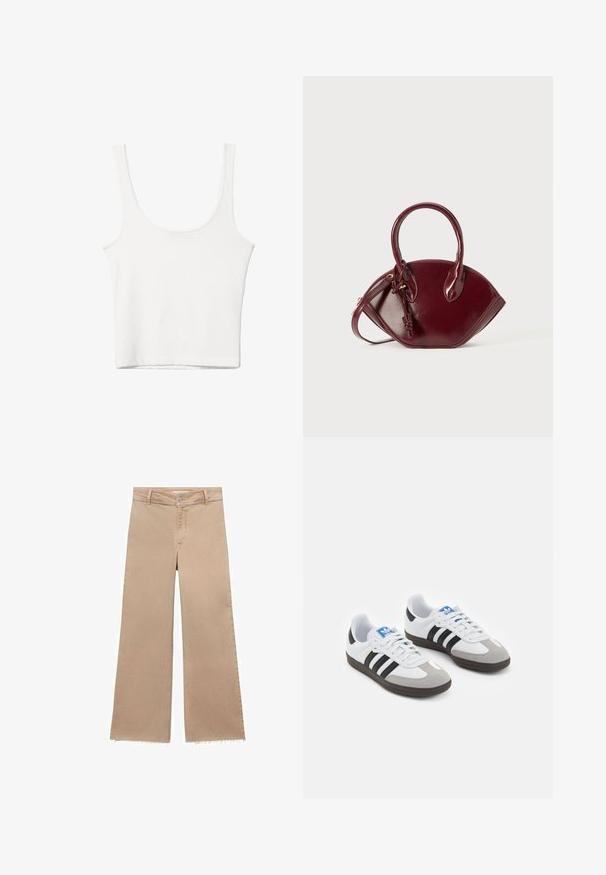 Bijela pamučna majica bez rukava s izrezom u obliku slova U, tijesnog kroja. Glatka tekstura, jednostavan dizajn i minimalni detalji šivanja.; Bež traperice širokog kroja s rastrganim rubovima, napravljene od pamuka. Imaju zakopčavanje gumbom i petlje za remen, pružajući ležeran i opušten kroj.; Sportske cipele s gornjištem od bijele kože, sivi suedinasti nos i tri crne pruge. Imaju plavi logo na jeziku i teksturiranu gumenu podlogu.; Bordo kožna torba u obliku zaobljene forme, s dva kratka ručka, zatvaranjem na zip i čvorastim detaljem na ručki. Glatka tekstura.