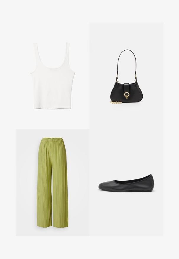 Biely bavlnený top bez rukávov s okrúhlym výstrihom a priliehavým strihom. Hladká textúra, jednoduchý dizajn a minimálne švy.; Zúžené nohavice s širokými nohavicami v svetlozelenej látke s pružným pásom, so zvislými drážkami pre textúru a plynulosť.; Čierne kožené baleríny s okrúhlou špičkou, hladkým povrchom, minimálnym prešívaním a flexibilným dizajnom podrážky.; sandro JANET - Kabelka - noir