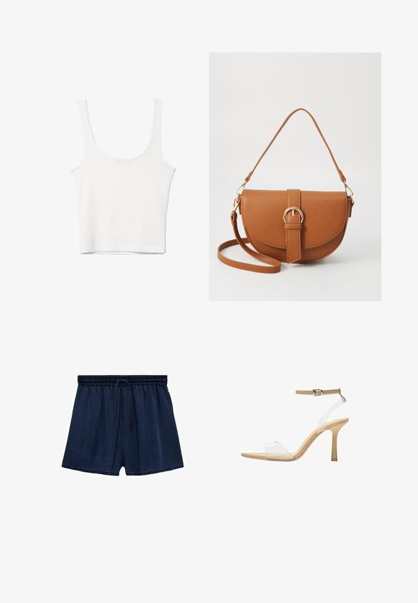 Bijela pamučna majica bez rukava s izrezom u obliku slova U, tijesnog kroja. Glatka tekstura, jednostavan dizajn i minimalni detalji šivanja.; Nautički plave šortseve od laganog materijala, s elastičnom pasicom i vezicom, te opuštenim krojem. Rub je blago pohaban.; Sandal s prozirnim potplatom i prozirnim gornjim dijelom, bež uloškom i tankim remenom oko gležnja. Ima špicasti vrh i tanak visoki potplat.; Smeđa kožna torba preko tijela s zakrivljenim oblikom, zlatnim metalnim detaljima i naglaskom na kopču. Ima odvojivu naramenicu.