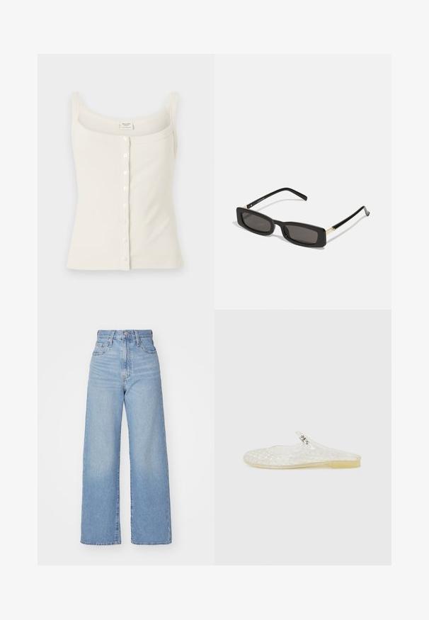 Krém színű, bordás pánt nélküli top állítható spagetti pántokkal, elülső gombos záródással és sima textúrával. A címke a belső részen található.; Világoskék, magas derekú, bő szárú farmernadrág, elülső gombbal és cipzárral, elülső és hátsó zsebekkel, fehér háttérrel.; Átlátszó műanyag slip-on cipő rácsos mintával, lekerekített orral és egy kis ezüst díszítéssel a pánton. Rugalmas talp átlátszó színben.; Fekete téglalap alakú napszemüveg sötét lencsékkel, fényes műanyag kerettel, arany díszítéssel az temples. Minimalista design és elegáns forma.; Nagy bézs színű vászontáska barna bőr pántokkal, minimalista dizájnnal és látható varrásokkal.