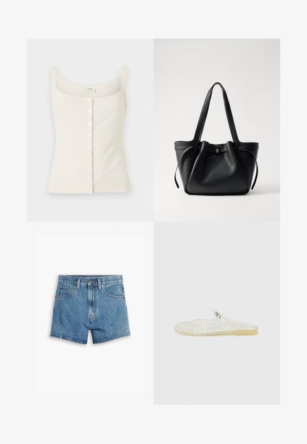 Kreemikarva ribatud tanki top, millel on reguleeritavad spagetirihmad, esine nupulukk ja sile tekstuur. Silt asub sees.; Heledad teksapüksid helesinisena, millel on viis taskut, tõmblukk ja nööpkinnitus. Varrukad on lõdvenenud ja servad on kulunud.; Selge plastist libisemisega kingad, millel on ruuduline mustriga, ümar varvas ja väike hõbedane aksent rihmal. Paindlik põhi läbipaistvas värvuses.; Must musta kott, millel on kaks pikka rihma, kergelt kokkusurutud ülaosa ja kuldne ümmargune aksessuaar. Sile tekstuur ja minimalistlik disain.