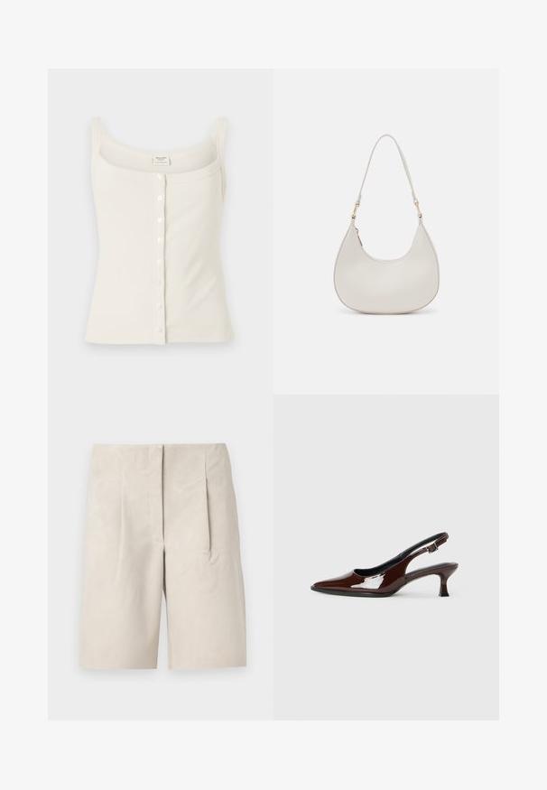 Débardeur côtelé couleur crème avec bretelles spaghetti réglables, fermeture à boutons à l'avant et texture lisse. L'étiquette se trouve à l'intérieur.; Shorts en suède beige avec une coupe décontractée, présentant deux plis à l'avant et un design de taille épuré. Texture lisse, longueur mi-cuisse.; Chaussure slingback en cuir verni marron avec un bout pointu et un talon modéré. Elle est dotée d'une sangle à boucle pour un ajustement sécuritaire. Texture lisse.; Sac épaule en cuir crème en forme de croissant, avec une fine sangle et des détails de coutures subtils. Design minimaliste avec des accents en métal doré.