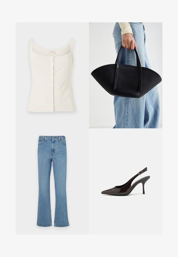 Camiseta de tirantes ajustables de color crema con textura acanalada, cierre frontal de botones y una textura suave. La etiqueta se encuentra en el interior.; Vaqueros acampanados de mezclilla azul claro con cintura alta, que cuentan con cinco bolsillos, trabillas para cinturón y un acabado desteñido.; Zapato de tacón alto tipo slingback en piel sintética brillante de color marrón oscuro, con punta afilada, laterales abiertos y correa ajustable en el tobillo.; Bolso de mano de cuero negro con una forma de abanico única, que cuenta con asas planas. La superficie tiene una textura de grano y un diseño minimalista.
