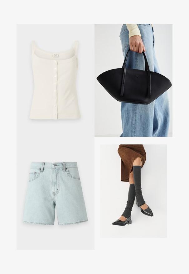 Kreemikarva ribatud tanki top, millel on reguleeritavad spagetirihmad, esine nupulukk ja sile tekstuur. Silt asub sees.; Heledad tumesinine denim lühikesed püksid kõrge vöökohaga, millel on kaks esist taskut, nööbiga sulgemine ja külgõmblused.; Mustad patsaline odav värviga kingad, millel on kreen ja pahkluuring, on paaritatud hallide ribakudumitega sääremiidega ja pruunist nahast seelikuga.; Must mustra kott, millel on unikaalne fännikujuline disain, millel on lapikud käepidemed. Pinna tekstuur on kivikujuline ja disain on minimalistlik.