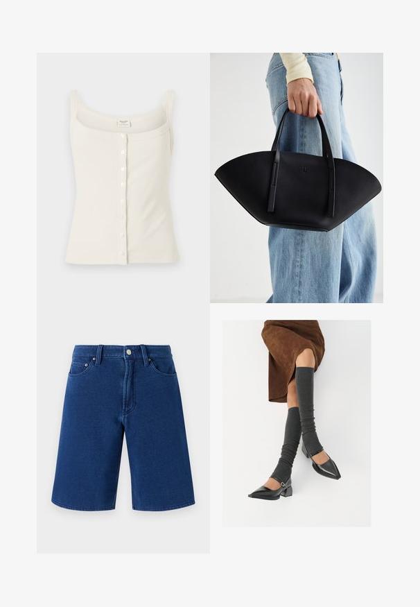 Crème-kleurige geribbelde tanktop met verstelbare spaghettibandjes, sluiting met knopen aan de voorkant en een gladde textuur. Het label bevindt zich aan de binnenkant.; Blauwe denim shorts met een rechte snit, vijf zakken ontwerp en een zichtbare tailleband met een metalen knop en riemlussen.; Zwarte gepatineerde leren pumps met een puntige neus, een blokhak en een enkelbandje, gecombineerd met grijze geribde beenwarmers en een bruine suède rok.; Zwarte leren handtas met een unieke waaier vorm, voorzien van platte handvatten. Het oppervlak heeft een gewelfde textuur en een minimalistisch ontwerp.