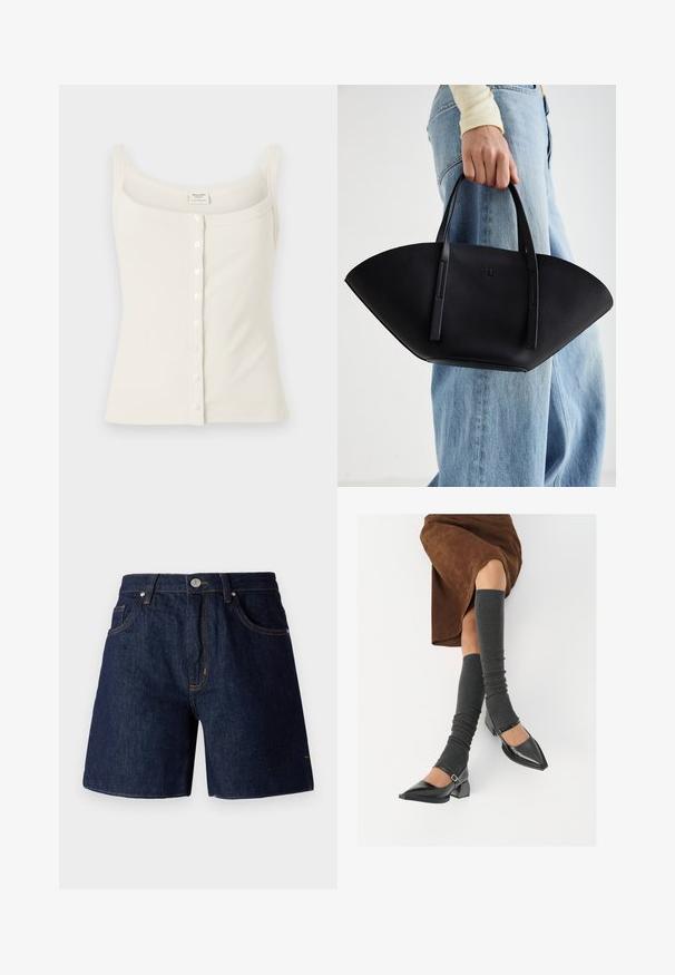 Camiseta de tirantes ajustables de color crema con textura acanalada, cierre frontal de botones y una textura suave. La etiqueta se encuentra en el interior.; Shorts de mezclilla en azul oscuro con costuras en naranja contrastante. Presenta cinco bolsillos, un cierre de botón y un diseño de pierna recta.; Zapatos de charol negros con punta afilada, tacón bloque y tira de tobillo, combinados con calentadores de piernas de canalé grises y una falda de ante marrón.; Bolso de mano de cuero negro con una forma de abanico única, que cuenta con asas planas. La superficie tiene una textura de grano y un diseño minimalista.