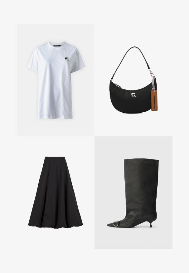Fehér pamut póló rövid ujjakkal, kerek nyakkivágással és egy kis fekete logóval a bal mellkas területén. Simaság jellemzi, laza szabása van.; Fekete, teljes hosszúságú szoknya sima anyagból, redőzött és magas derekú kialakítással. A dizájn folyékony sziluettet és bőséges térfogatot kínál.; Fekete bőr bokacsizma hegyes orral, kis sarokkal és fémes díszítéssel az orrán. Az egész felületen sima, matt textúra.; Fekete bőrtáska, melynek felülete szemcsés, ívelt formájú, felül zippzárral záródik, ezüst színű fémrészletekkel és barna cimkével rendelkezik. Jellemzője a logós díszítés.