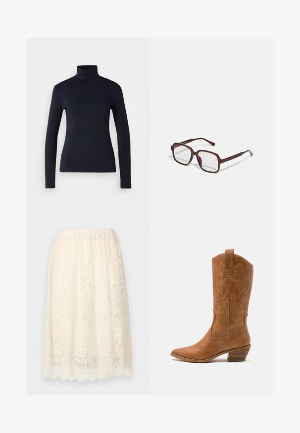 Tume sinine kõrge kaelusega pikkade varrukatega topp. Valmistatud pehmest kangast, millel on sile tekstuur. Omab kokkuhoidlikku disaini ja kõrget kraed ilma nähtavate õmblusteta.; Kreemikaelne pitsseelik, millel on tekstuuriline lillemuster, elastne vöökoht ja laineline äär, mis lisab detaili.; Kohvitooni nahast cowboy-kork, millel on terav varvas, tikitud keerised varrel ja virnastatud ploki konts. Omab tõmbeava, et seda oleks lihtne jalga panna.; Pruunid, ristkülikukujulised prilliraamid, millel on läbipaistvad läätsed ja lillakad tooni. Sile plastikraam otste kaared ja peente aksenditega.; Kuldsete rõngaskõrvarõngaste tekstuuriga, ebakorrapärane kuju. Omab sujuvat lukustust ja poleeritud pinnatöötlust, rõhutades kaasaegset disaini.