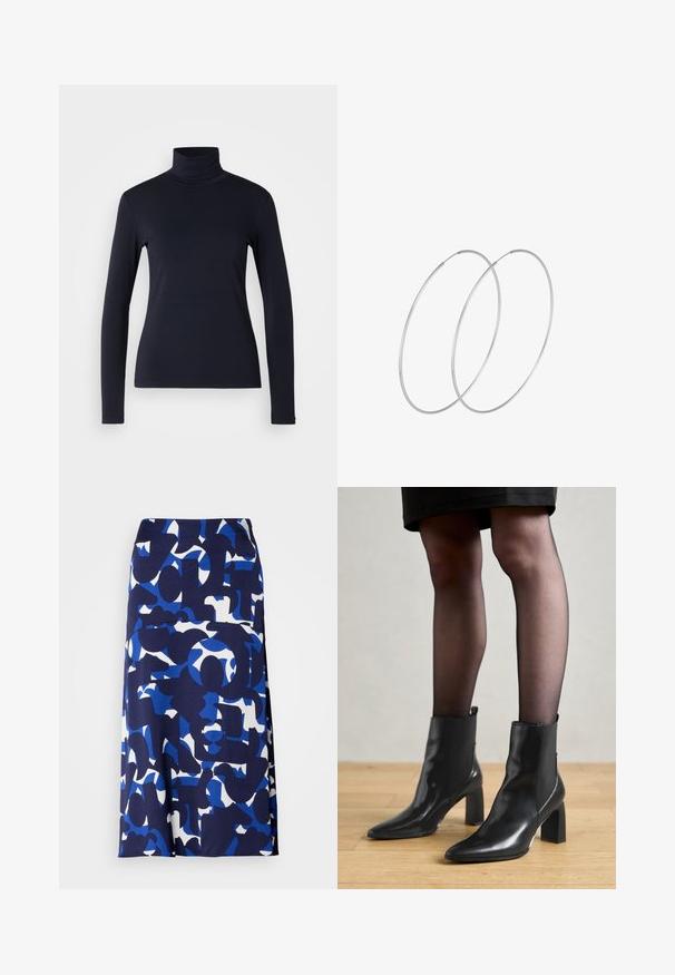 Mornarska dolga majica s polo ovratnikom. Narejena iz mehkega blaga z gladko teksturo. Ima prilegajočo se zasnovo in visok ovratnik brez vidnih šivov.; Krilo do kolen, izdelano iz gladkega blaga s temno modro osnovo in boldnimi modrimi ter belimi abstraktnimi oblikami in vzorci po celotni površini.; Črne usnjene gležnjarje s koničastim nosom, masivnim kvadratnim petam in sleek oblikovanjem. Imajo elastične stranske panele za enostavno obuvanje.; Srebrne uhane v obliki obroča z minimalističnim dizajnom. Krožna oblika, gladka tekstura in tanek profil. Lahki s poliranim zaključkom.