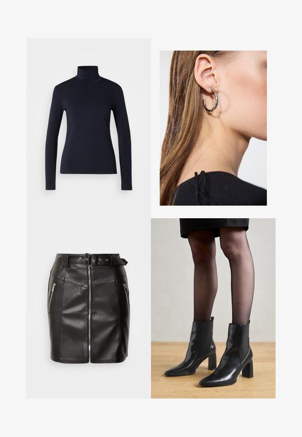 Maglione a collo alto blu navy a maniche lunghe. Realizzato in tessuto morbido con una texture liscia. Presenta un design aderente e un alto collo senza cuciture visibili.; Mini gonna in pelle nera con design aderente, dotata di una cerniera frontale, due tasche laterali e una cintura con fibbia. Texture liscia.; Stivaletti neri in pelle con punta affusolata, tacco quadrato imponente e design elegante. Dotati di pannelli laterali elasticizzati per una facile vestibilità.; Orecchino a cerchio in argento con finitura lucida, caratterizzato da piccoli dettagli in oro e una forma tondeggiante, indossato sul lobo.