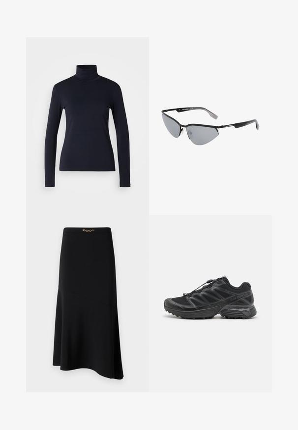 Marineblå turtleneck langermet topp. Laget av mykt stoff med en glatt tekstur. Har en tettsittende design og høy krage uten synlige sømmer.; Svart midi-skjørt med A-linjeform, laget av glattes stoff, med en dekorativ gyllen kjedeakkord i midjen.; Svart løpesko med mesh og syntetisk overdel, fleksibel yttersåle og elastiske liser. Har en dempet mellomsåle for komfort.; Sorte solbriller med vinklede, kattøye-design. Sølvfargede speilglass. Slanke, lette plastik rammer med subtil merking på stengene.