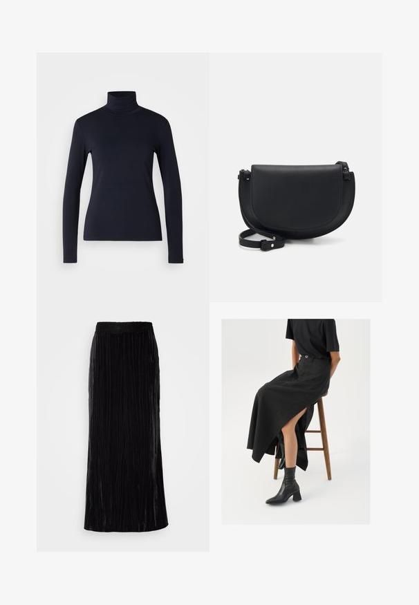 Marineblå turtleneck langærmet top. Fremstillet af blødt stof med en glat tekstur. Har et tætsiddende design og høj krave uden synlige sømme.; Lang sort fløjl maxi nederdel med vertikale plisseringer og en bølget blonde talje. Stoffet har et blødt, tekstureret udseende.; Sort linned maxi-nederdel med en høj slids, båret med en sort t-shirt og sorte ankelstøvler. Minimalistisk design med en afslappet pasform.; Sort læder crossover taske med en buet form, magnetisk klaplukning, justerbar rem og præget logo detalje foran.; Sølvøreringe med et minimalistisk design. Cirkulær form, glat tekstur og tynd profil. Letvægtige med en poleret overflade.
