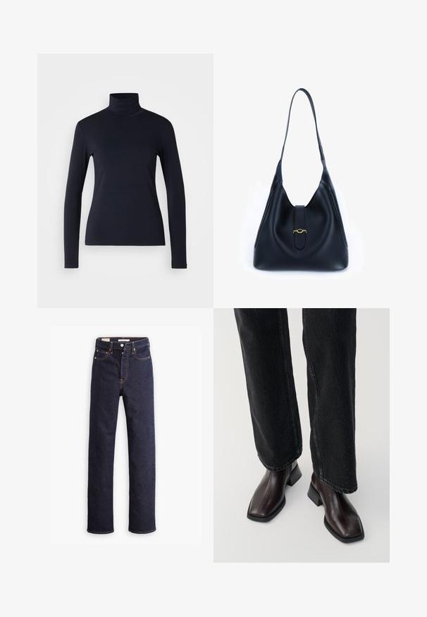 Top de cuello alto de manga larga en color azul marino. Fabricado con una tela suave y de textura lisa. Presenta un diseño ajustado y un cuello alto sin costuras visibles.; Jeans de mezclilla rectos de color azul oscuro con cinco bolsillos y costuras naranjas visibles sobre un fondo blanco.; Botas de cuero marrón hasta el tobillo con punta cuadrada y tacón bloque, combinadas con vaqueros negros de pierna ancha. Textura suave y diseño minimalista.; Bolso de mano de cuero negro con un diseño suave y flexible. Presenta una correa plana y un cierre central adornado con un acento dorado.