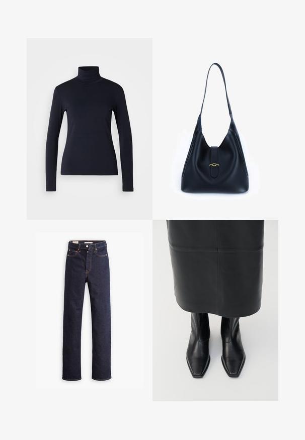 Námořnický rolák s dlouhým rukávem. Vyrobeno z měkkého materiálu s hladkou texturou. Má přiléhavý střih a vysoký límec bez viditelných švů.; Tmavě modré džíny rovného střihu s pěti kapsami a viditelným oranžovým prošíváním na bílém pozadí.; Černé kožené kotníkové boty s čtvercovou špičkou a bočním zipem. Hladká textura a minimální hardware; doplněno černou koženou sukní.; Černá kožená kabelka s měkkým, sklopeným designem. Obsahuje plochý popruh a centrální uzávěr zdobený zlatým akcentem.
