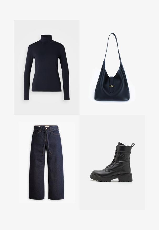 Tume sinine kõrge kaelusega pikkade varrukatega topp. Valmistatud pehmest kangast, millel on sile tekstuur. Omab kokkuhoidlikku disaini ja kõrget kraed ilma nähtavate õmblusteta.; Laiad joped tumeda sinise denimi ja kõrge taljega, millel on paela kinni tõmbamise võimalus, viis taskut ja kontrastsete õmblustega detailid.; Mustad mustakaded jalgadega saapad, mis on valmistatud siledast nahast. Neil on jäme tall, ümmargune nina, nöörilised esiosad ja taga kantav tõmblukk.; Must mustrist must alune, leeval ja pehme disainiga. Omab lamedat rihma ja keskel asuvat sulgemist, millel on kuldne aksent.