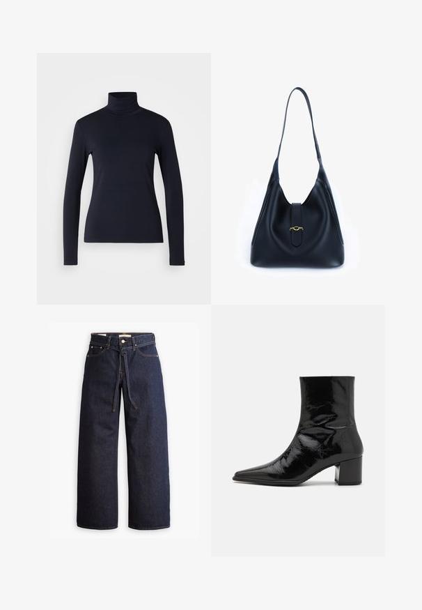 Top de cuello alto de manga larga en color azul marino. Fabricado con una tela suave y de textura lisa. Presenta un diseño ajustado y un cuello alto sin costuras visibles.; Jeans de mezclilla oscuros de pierna ancha con cintura alta, que cuentan con un lazo ajustable, cinco bolsillos y detalles de costura en contraste.; Botín de charol negro hasta el tobillo con punta afilada, parte superior estructurada y tacón grueso. Presenta una textura lisa y brillante.; Bolso de mano de cuero negro con un diseño suave y flexible. Presenta una correa plana y un cierre central adornado con un acento dorado.