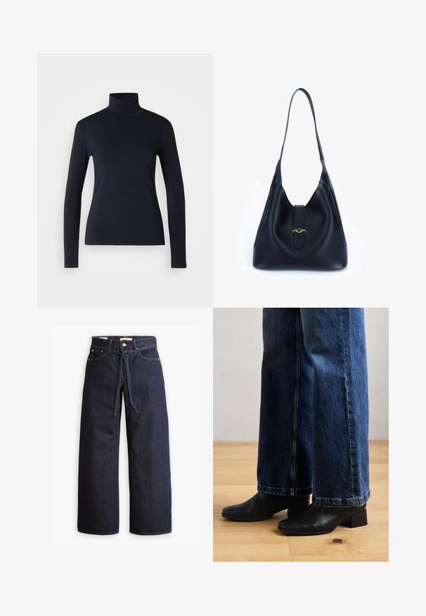 Tume sinine kõrge kaelusega pikkade varrukatega topp. Valmistatud pehmest kangast, millel on sile tekstuur. Omab kokkuhoidlikku disaini ja kõrget kraed ilma nähtavate õmblusteta.; Laiad joped tumeda sinise denimi ja kõrge taljega, millel on paela kinni tõmbamise võimalus, viis taskut ja kontrastsete õmblustega detailid.; Mustad mustad nahast pahkluu saapad ruudukujuliste varvaste ja madalate plokk-kontsadega, kombineeritud laia säärega sinise denimi teksadega, puidust põrandal.; Must mustrist must alune, leeval ja pehme disainiga. Omab lamedat rihma ja keskel asuvat sulgemist, millel on kuldne aksent.