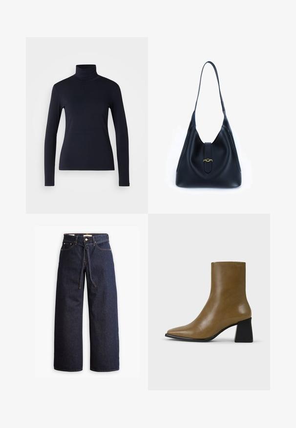 Jūras flotes turtlenecks ar gariem piedurknēm. Izgatavots no mīksta auduma ar gludu tekstūru. Iezīmēts ar pieguļošu dizainu un augstu apkakli bez redzamām šuvēm.; Plati zili džinsi ar augstu jostasvietu, ar šnaukaša saišu, piecām kabatām un kontrastējošiem šuvju akcentiem.; Brūni ādas potītes zābaki ar smailu purnu, elegantu dizainu un teksturētu apdari. Iezīmējas ar kontrastējošu melnu bloku papēdi.; Melnas ādas rokassomi ar mīkstu, brīvu dizainu. Iezīmēta ar plakanu siksnu un centrālu aizdari, kas dekorēta ar zelta akcentu.