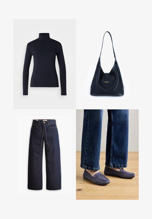 Marineblaue Rollkragenoberteil mit langen Ärmeln. Hergestellt aus weichem Stoff mit glatter Textur. Verfügt über ein enganliegendes Design und einen hohen Kragen ohne sichtbare Nähte.; Weite, dunkelblaue Jeans aus Denim mit hoher Taille, ausgestattet mit einem Kordelzug, fünf Taschen und kontrastierenden Nähdetails.; Lila Wildleder-Lokschuhe mit gestepptem Nahtdetails und einer flachen Gummisohle, getragen mit weit geschnittenen blauen Jeans, die einen lässigen Stil auf einem Holzfußboden zeigen.; Schwarze Lederhandtasche mit einem weichen, lässigen Design. Verfügt über einen flachen Trageriemen und einen zentralen Verschluss, der mit einem goldenen Akzent verziert ist.