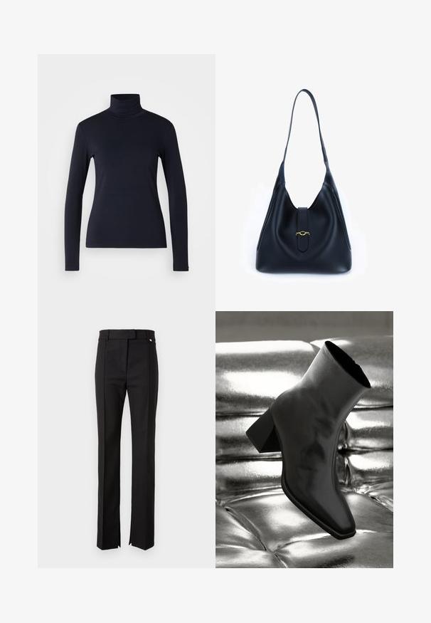 Tricou cu guler haină în navy, cu mânecă lungă. Fabricat dintr-un material moale, cu o textură netedă. Prezintă un design ajustat și un guler înalt fără cusături vizibile.; Pantaloni negri, croiți, cu un design drept, având un brâu cu închidere buton și slits laterale la tiv.; Cizme negre până la gleznă, realizate dintr-un material lucios, cu vârf pătrat și toc conic, plasate pe un fundal strălucitor de argint, cu un model tuftat.; Geantă din piele neagră cu un design moale și lejer. Dispune de o curea plată și de un închizător central decorat cu un accent auriu.