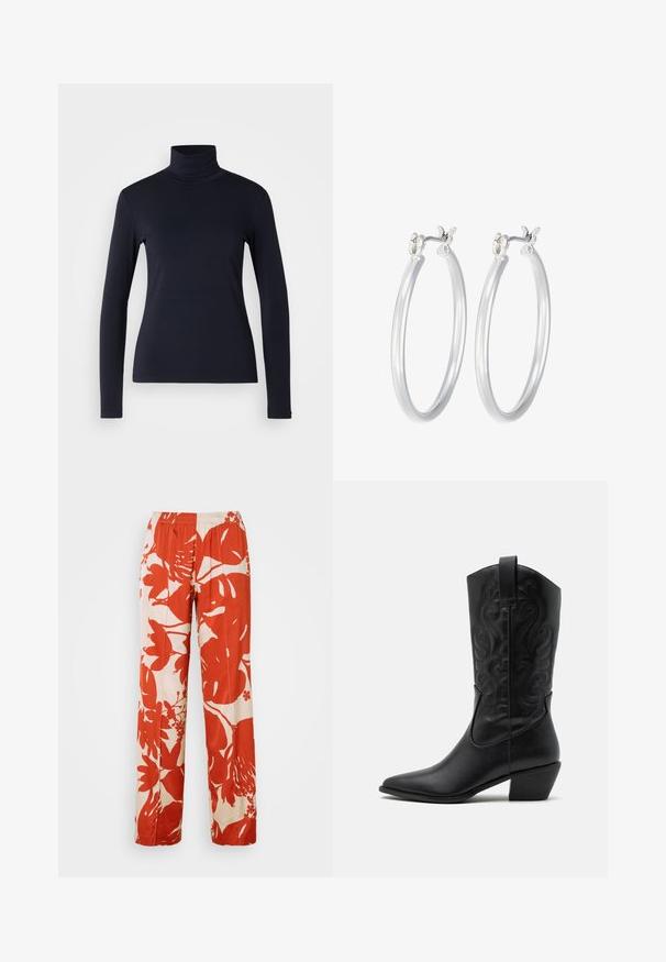 Marineblå turtleneck langærmet top. Fremstillet af blødt stof med en glat tekstur. Har et tætsiddende design og høj krave uden synlige sømme.; Røde og cremefarvede bukser med blomsterprint og bred benvidde, der har en elastisk talje. Stoffet har en glat overflade og prydes af store blad- og blomstermotiver.; Sorte læder cowboystøvler med spids tå, præget svungen mønster og en mid-højde hæl. Har en trækflap for nemt at tage på.; Sølv hoop øreringe med en glat, poleret overflade. Rund form og sikker klik-lukning. Letvægtsdesign, der er velegnet til hverdagsbrug.