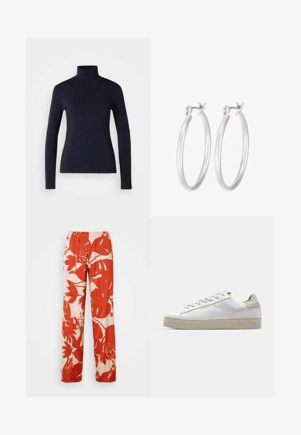 Tume sinine kõrge kaelusega pikkade varrukatega topp. Valmistatud pehmest kangast, millel on sile tekstuur. Omab kokkuhoidlikku disaini ja kõrget kraed ilma nähtavate õmblusteta.; Punased ja kreemja lillemustriga laiad püksid elastse vöökohaga. Kanga tekstuur on sile ning sellel on suured lehe- ja lillemustrid.; Valge nahast toss, millel on sile pind, beežist seemisnahast aktsendid, ümar nina, lame puuvillane pael ja tekstuuriga kummitald.; Hõbedased rõngaskõrvarõngad, millel on sile, läikiv viimistlus. Ümmargune kuju ja turvaline klõpsulatus. Kerge disain, sobib igapäevaseks kandmiseks.