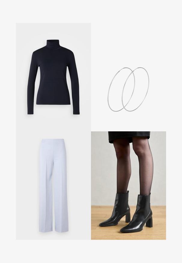 Mornarska dolga majica s polo ovratnikom. Narejena iz mehkega blaga z gladko teksturo. Ima prilegajočo se zasnovo in visok ovratnik brez vidnih šivov.; Svetlo modri široki hlače iz mehkega blaga, z visokim pasom in sprednjimi gubami za dodatno strukturo.; Črne usnjene gležnjarje s koničastim nosom, masivnim kvadratnim petam in sleek oblikovanjem. Imajo elastične stranske panele za enostavno obuvanje.; Srebrne uhane v obliki obroča z minimalističnim dizajnom. Krožna oblika, gladka tekstura in tanek profil. Lahki s poliranim zaključkom.