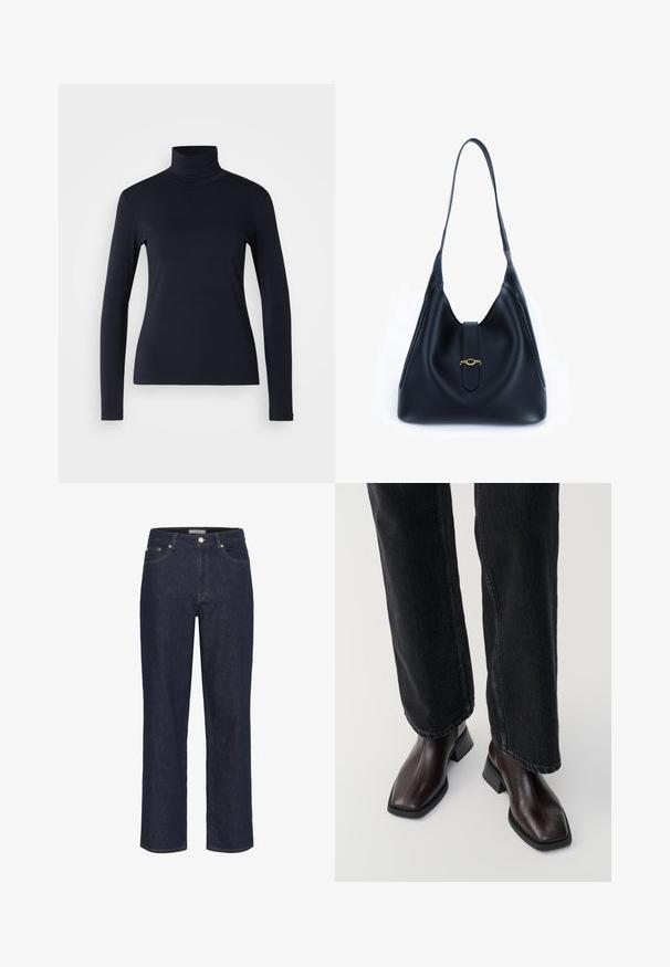 Laivastonsininen kauluri pitkähihaisena puserona. Valmistettu pehmeästä kankaasta, jossa on tasainen pinta. Ominaisuuksiin kuuluu muotoiltu malli ja korkea kaulus ilman näkyviä saumoja.; Gestuz SUMMER WIDE - Leveälahkeiset - unwashed denim; Ruske nahke čevlje do gležnjev s kvadratnim nosom in blok peto, v kombinaciji s črnimi širokimi hlačami. Gladka tekstura in minimalističen dizajn.; Mustat nahkakahvilaukku, jossa on pehmeä ja rento muotoilu. Varustettu litteällä hihnalla ja keskikohdan sulkemisella, jossa on kultainen yksityiskohta.