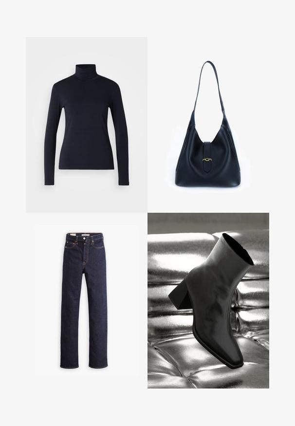 Sötétkék garbó, hosszúujjú felső. Puha anyagból készült, sima tapintással. Testhez simuló kialakítással és láthatatlan varrás nélküli magas gallérral rendelkezik.; Sötétkék, egyenes szabású farmernadrág, öt zsebbel és látható narancssárga varrással, fehér háttérrel.; Fekete bokacsizma fényes anyagból, négyzetes orral és szűkített sarkú, egy csillogó ezüst kárpitozott háttér előtt.; Fekete bőr kézitáska, puha, laza dizájnnal. Lapított pánttal és középső záródással rendelkezik, amelyet arany díszít.