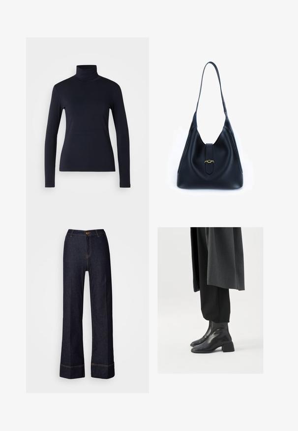 Tume sinine kõrge kaelusega pikkade varrukatega topp. Valmistatud pehmest kangast, millel on sile tekstuur. Omab kokkuhoidlikku disaini ja kõrget kraed ilma nähtavate õmblusteta.; Tumed denim laiadegipüksid kõrge vöökohaga, millel on esine nupuvajutus ja oranžad õmblused. Ühtlane tekstuur kogu ulatuses.; Mustad nahast pahkluu saapad, millel on ruudukujuline varvas ja paks konts, kantud lohakate mustade pükste ja tumeda halli mantliga. Sile pinnatekstuur.; Must mustrist must alune, leeval ja pehme disainiga. Omab lamedat rihma ja keskel asuvat sulgemist, millel on kuldne aksent.